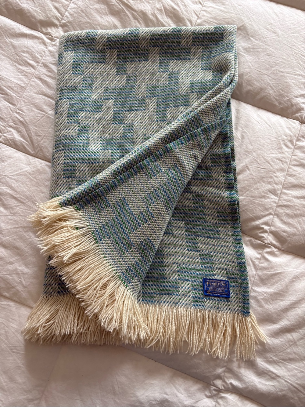 Vintage Pendleton Wool Throw Blanket Blue Green Geometric Plaid 66x55 Fringe USA
